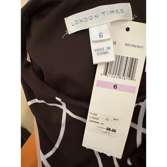 London Times 6 Brown/White Swirl Drop Elastic Waist Above Knee Sleeveless Dress - Picture 6 of 6